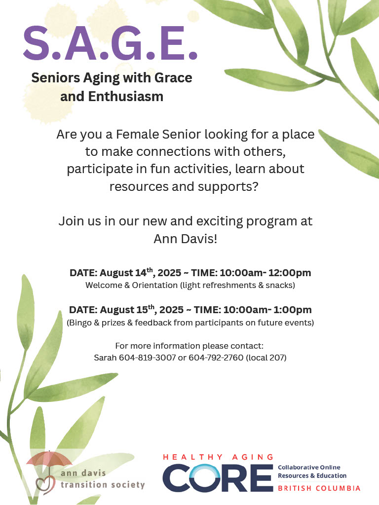 We are so excited to announce our new Seniors Aging with Grace and Enthusiasm (SAGE) Program. This program is made possible by a generous grant from the United Way Therapeutic Activation Program for Seniors (TAPS)  uwbc.ca/program/health… Join us at 9046 Young Rd. this Thursday!