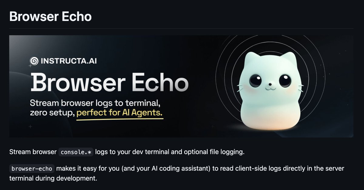 kregenrek's tweet image. I just released Browser Echo.
Catch live browser errors. And fix them in Cursor or Claude Code.
- Vite, React, Vue, Tanstack, Nuxt, Next support
- Use in Cursor, Claude Code, Codex, Gemini CLI
- Open Source & Free to use
Quickstart video in the comments 👇