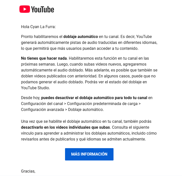 Cyanlahumana's tweet photo. Gracias youtube por darme el doblaje de ia que nadie te pidió y no me das la opción de subir mi propio doblaje 😒 https://t.co/ggzVDSVBuR
