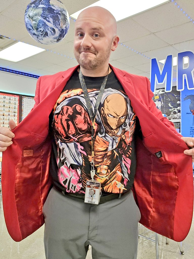 Day 1 of Year 17! Always repping the anime club. 1️⃣👊 I may have less hair than I did 17 years ago, but my energy ia at an all-time high. Ready for a great year with a fantastic-looking crop of freshmen. Let's do this! ✨ #RichInStudentSuccess #baldhistoryteacher #ibteacher