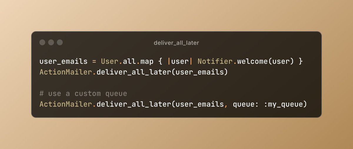 The next Rails version will have an optimization to enqueue many emails at once github.com/rails/rails/pu… (if the active job adapter supports bulk enqueuing, like sidekiq). 

Very useful for batch operations and can greatly reduce the number of round-trips to the queue datastore.