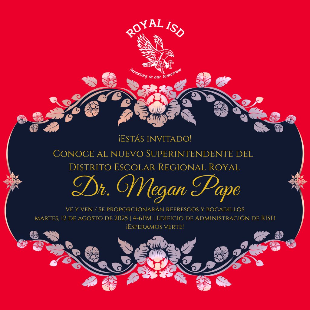 🦅 Get involved in Royal ISD!

📅 August 11 – Board Meeting, 6:30 PM | RISD Admin | 5il.co/3nj6x
📅 August 12 – Meet &amp; Greet w/ Superintendent Pape, 4–6 PM | RISD Admin | Come &amp; Go | Light Refreshments

We'd love to see you at both events!
#WeAreRoyal #ItTakesAVillage