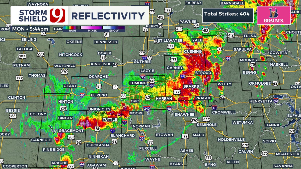 5:45 PM RADAR UPDATE: Storms continue in and around the OKC Metro. Currently, no severe weather reported. Wind gusts to 45 mph, small hail and heavy rainfall expected. Moving ENE at 20 mph.