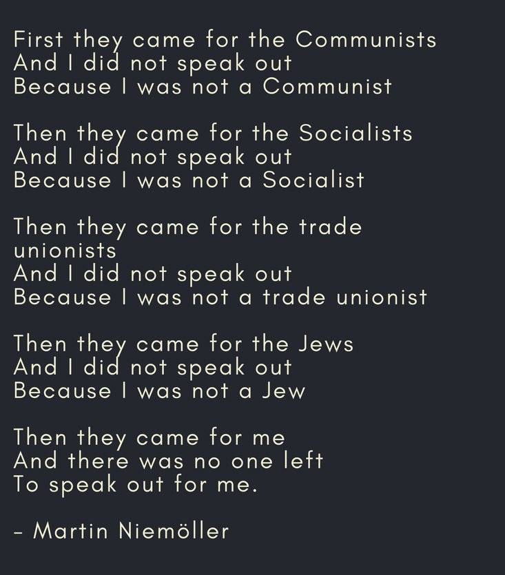 ThatChelsea's tweet photo. I am sure there have been a million adaptions to Martin Niemöller's original poem over the last 79 years, and it is one that always resonates deeply with me. 

Here is my 2025 version, with full credit to the original author. Let's make sure history doesn't repeat itself. https://t.co/SA2rRTiLSX
