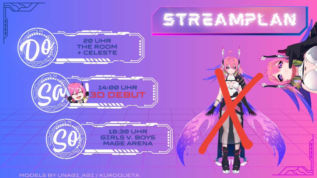 🌸 STREAMPLAN 🌸

Do: Hoffentlich können wir das Finale von The Room beenden und dann noch etwas Bergsteigen ⛰️

Sa:  ES IST ENDLICH SO WEIT! 3D DEBUT! Wir machen so richtig Party! 🎉🪩

So: Collab bei @/_sushiima_ mit vielen tollen Leutis