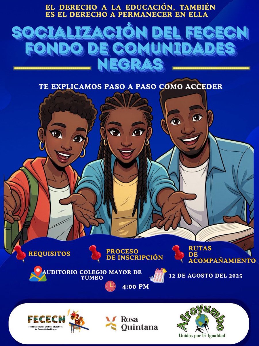 📣 ¡ATENCIÓN ESTUDIANTES DE YUMBO!

🔊 Te invitamos a la socialización del Fondo de Créditos Educativos Condonables para Comunidades Negras 🖤

 📍Auditorio Colegio Mayor de Yumbo
🗓 Martes 12 de agosto
🕑 4:00 p. m.