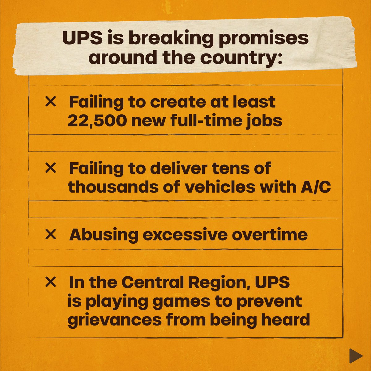 Teamsters's tweet photo. Across the country — from the Central Region to both coasts — UPS is failing to honor the Teamsters’ contract and the rights of the rank-and-file at nearly every level.

From its disrespect to its broken promises, UPS is crossing a line. That’s something the Teamsters never do. https://t.co/oF0PwC2fQN