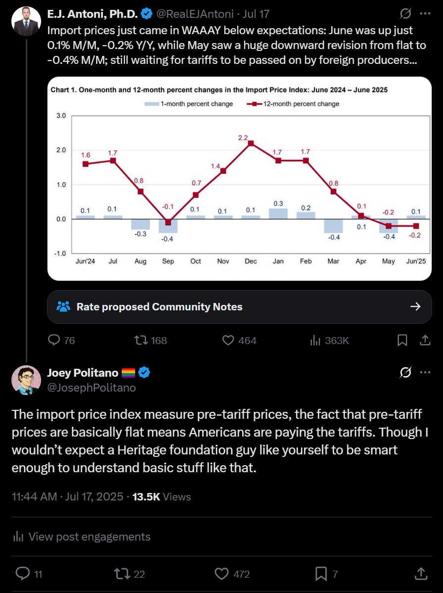 JosephPolitano's tweet image. An "economist" so dumb I had to explain to him how the import price index works last month will now lead the BLS, kill me