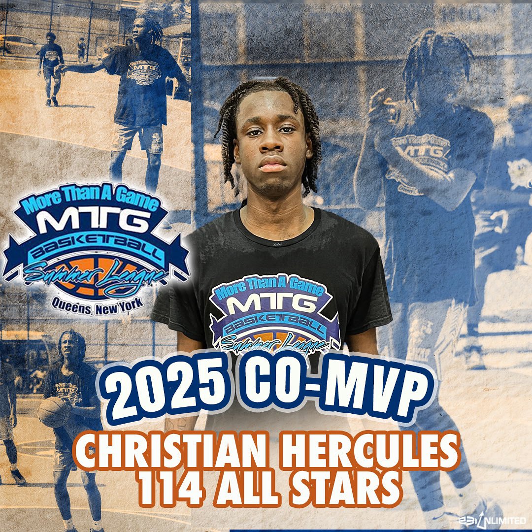 We are proud to announce our 2025 MTG HIGH SCHOOL SUMMER LEAGUE 
CO-MVP, Christian Hercules (114 All Stars).

Christian led 114 All Stars to a 3-1 pool play record while averaging 22 ppg 6 rpg all 4 games.