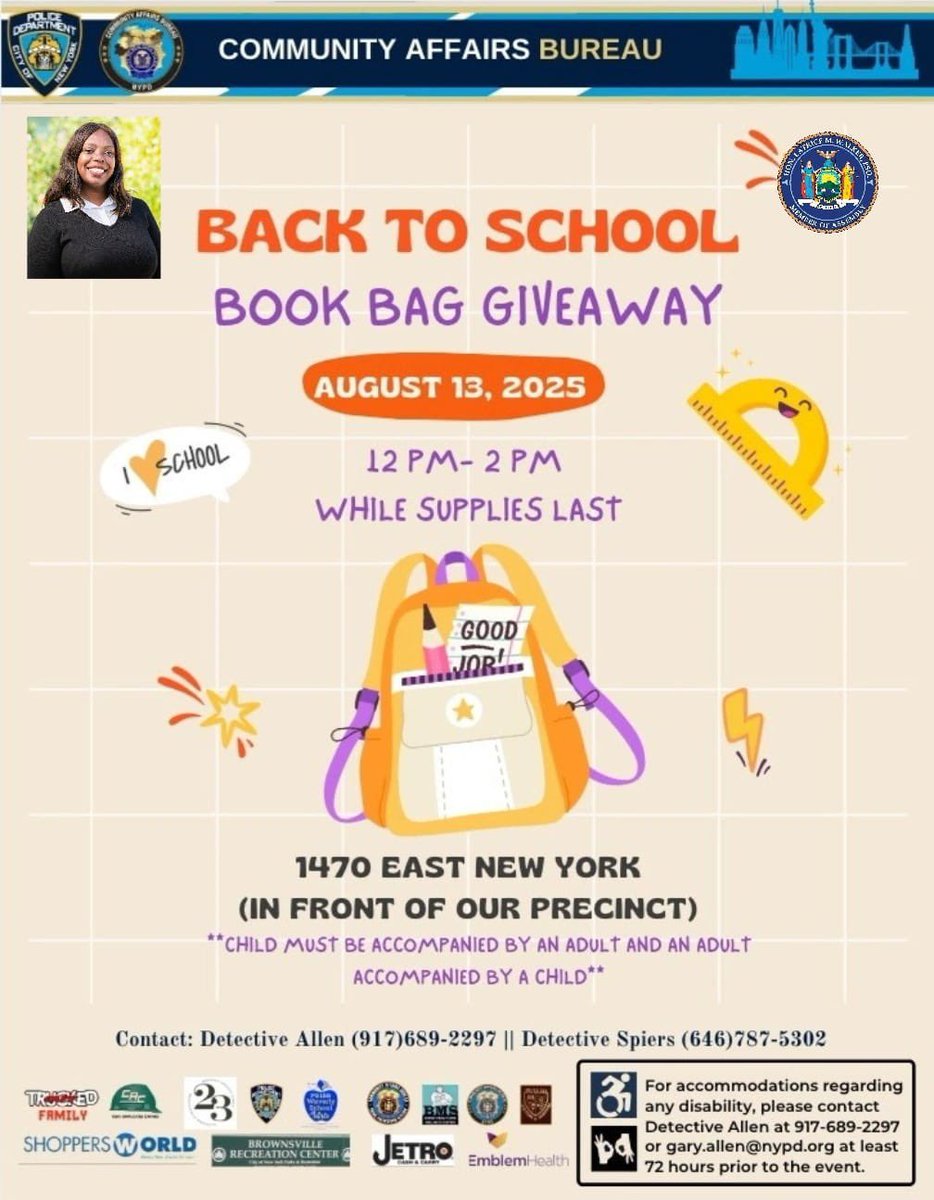 I'm proud to partner again this year with the Community Affairs Bureau of the NYPD's 73rd Precinct for the annual back-to-school giveaway. It's happening on Wednesday in front of the stationhouse at 1470 East New York Ave. beginning at noon. <a href="/NYPD73Pct/">NYPD 73rd Precinct</a> See you there!