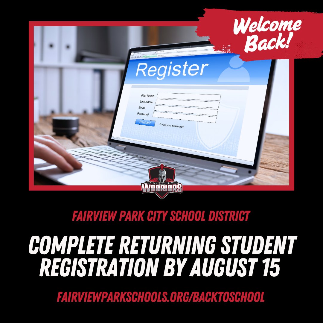 Time is running out! ⏰ All returning Fairview Park families must complete their Returning Student Registration by August 15. Parents and guardians should log in to the PowerSchool Parent Portal to complete registration. 

More Back-to-School information is available at