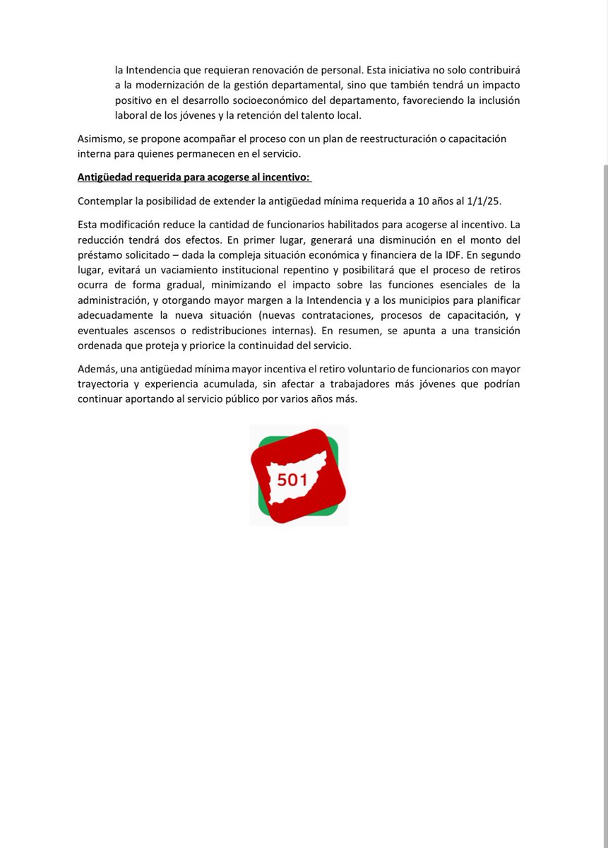 Propuestas de la Lista 501 sobre el Proyecto de Retiro Incentivado propuesto por el Int. Carlos Enciso que comenzará a debatirse en la Comisión de Hacienda de la JDF.  Incluyen: revisar el monto solicitado, cubrir vacantes con jóvenes de UTU, elevar la antigüedad a 10 años.