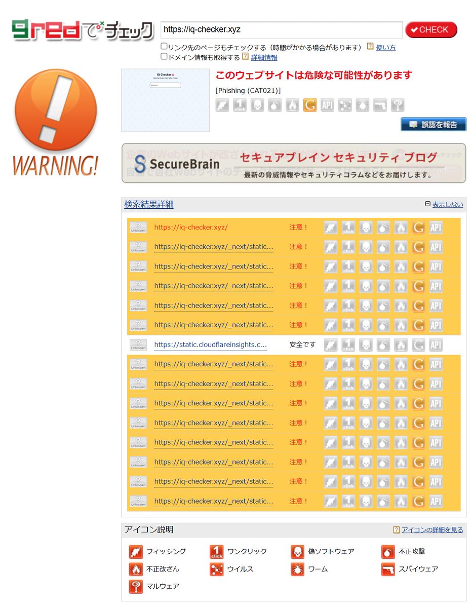 「メールに書かれているURLリンクは絶対にクリックしないぞ！」

という人でも、SNSに流れてくる占いとか診断メーカーとかのURLは普通にタップしちゃうケースが結構あるので、改めて気を付けたいところです。

↓これは今タイムラインに流れてきた iq-checker[.]xyz とかいうやつの診断結果