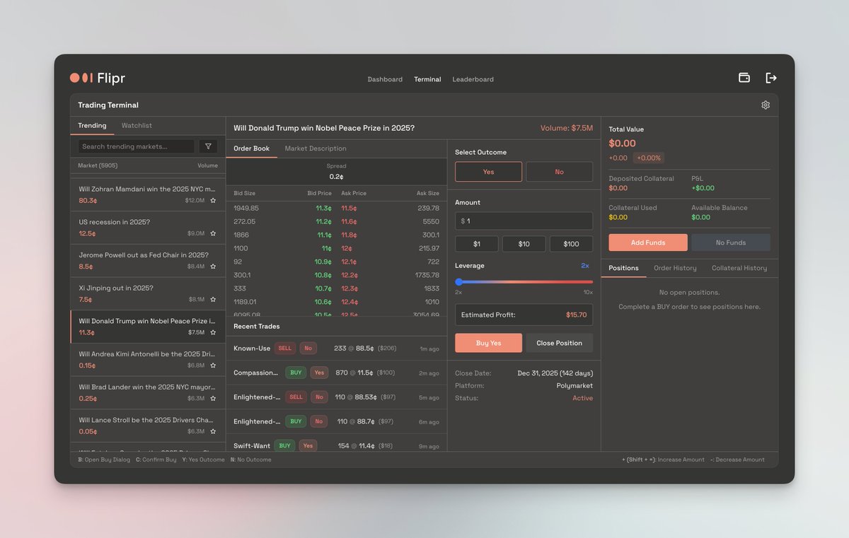 leverage public beta is live on flipr. this isn’t just a feature, it’s the unlock. the foundation for everything we’re building next for prediction markets starts here.

start trading 👉🏻 flipr.bot/terminal