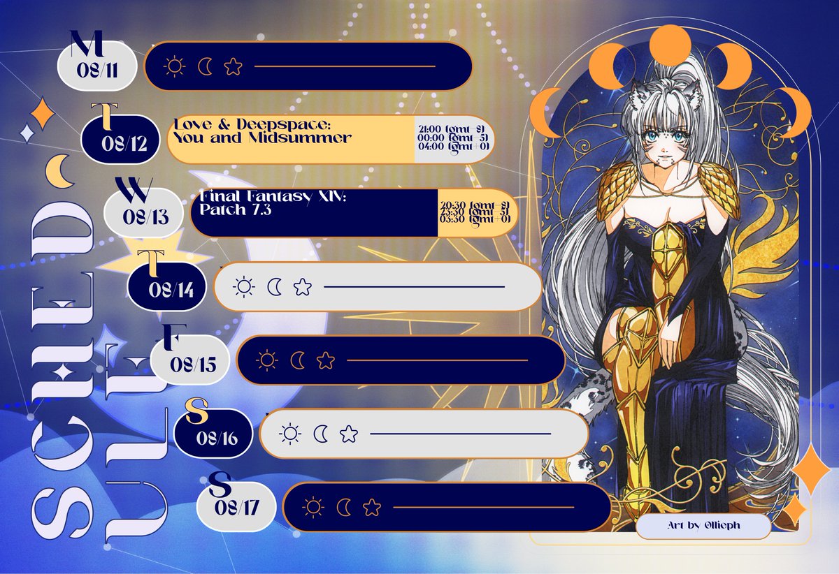 ✨Schedule 08/11-08/17✨

Twitch:  twitch.tv/reizna
YT  youtube.com/c/Reizna
Artist: x.com/Ollieph_Ph