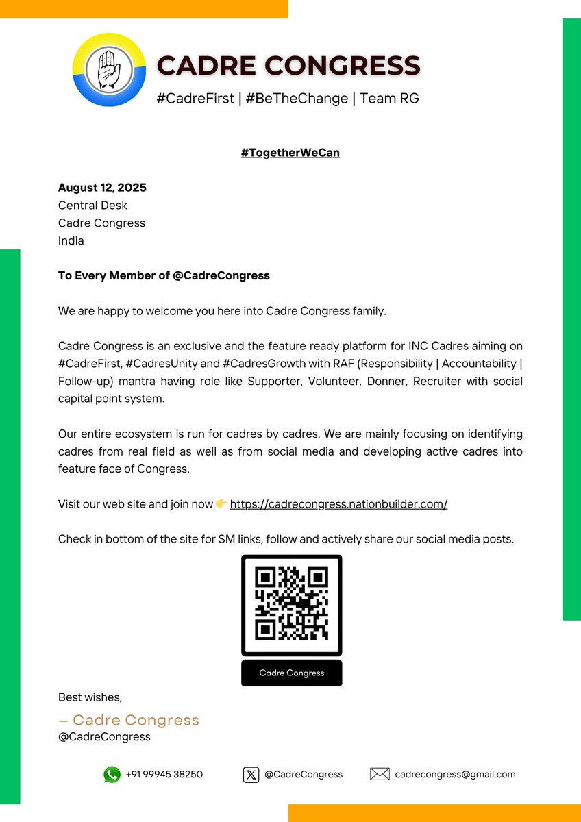 cadrecongress's tweet photo. #TogetherWeCan
August 12, 2025
Central Desk
Cadre Congress
India
To Every Member of @CadreCongress
We are happy to welcome you here into Cadre Congress family.
Cadre Congress is an exclusive and the feature ready platform for INC Cadres aiming on #CadreFirst, #CadresUnity and #CadresGrowth with RAF (Responsibility | Accountability | Follow-up) mantra having role like Supporter, Volunteer, Donner, Recruiter with social capital point system.
Our entire ecosystem is run for cadres by cadres. We are mainly focusing on identifying cadres from real field as well as from social media and developing active cadres into feature face of Congress.
Visit our web site and join now π https://t.co/N0z8Dgkhws
Check in bottom of the site for SM links, follow and actively share our social media posts.
Best wishes,
β Cadre Congress
@CadreCongress
https://t.co/di2LSnpLH7