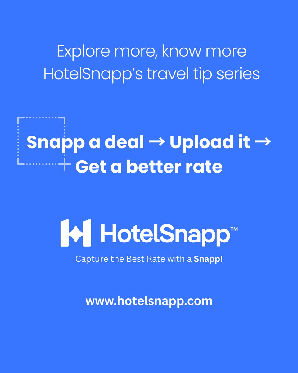 HotelSnapp's tweet photo. Tweet 8/8 — Reply with the note you’ve visited!
Plan it smart with HotelSnapp
Turn “wallet history” into weekend plans. Snapp a deal → Upload it → Get a better hotel rate than major sites.
Any Hotel. Anywhere.
🔗 https://t.co/OxcyDcM230
#BudgetTravel #IndiaTravel @HotelSnapp https://t.co/TfmgV4uJ6z