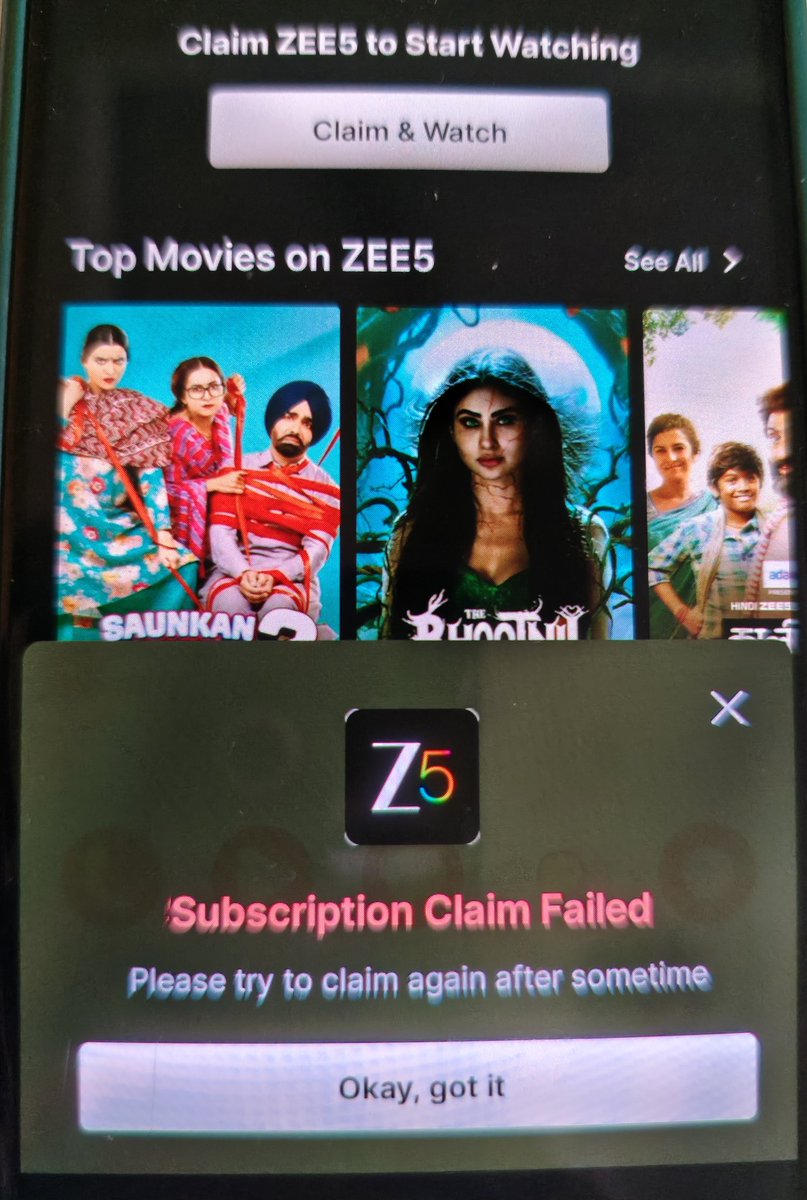 AshishGharde6's tweet photo. @airtelindia @Airtel_Presence I am not able claim Z5 on my Airtel app, getting error, Subscription Claim Failed, can u help @ZEE5India https://t.co/mbtpx4khPn