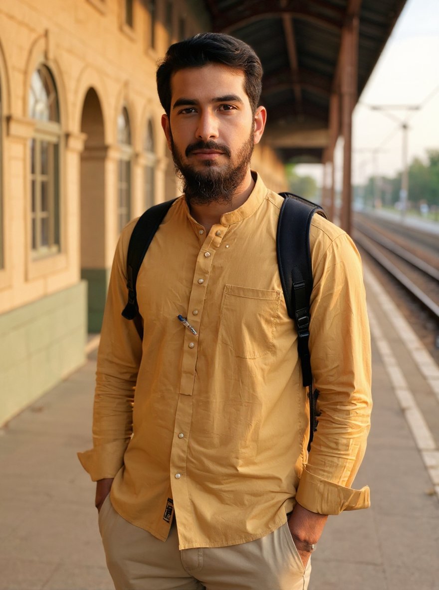 Promptopia4's tweet image. Man standing near an old train station platform with a leather backpack, vintage architecture behind, soft golden hour light on his face, wearing a rolled-up shirt and khakis, train tracks fading into background, cinematic, no face change.
#bbtvi #BBNaijaS10 #ラヴィット #incendio