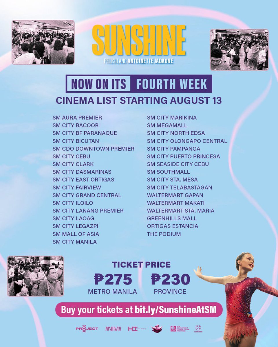 ☀️ SUNSHINE IS CONFIRMED FOR ITS 4TH WEEK RUN IN SM CINEMAS!
33 cinemas nationwide, limited screenings starting Wednesday, August 13.

🎟️ Metro Manila: ₱275 | Province: ₱230 
bit.ly/SunshineAtSM

#SunshineMovie #GetsKoNa #SunshineMovieAtSMCinemas #SMCinema #marisracal