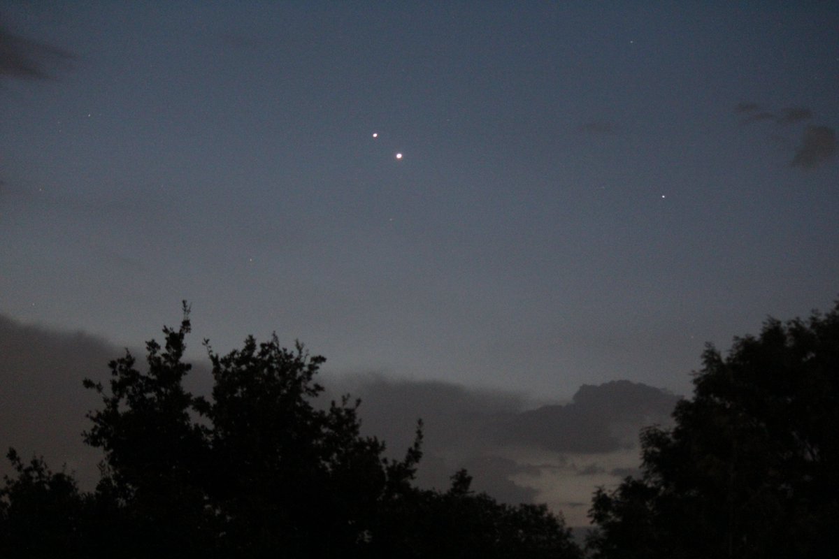 Up early to witness the rare conjuction of #Venus and #Jupiter in the Eastern sky. They appear close together but while Venus, the brightest, is 115 million miles away, Jupiter is 552. Photo taken hanging out of the bedroom window. Time for a cuppa, a crumpet and back to bed.