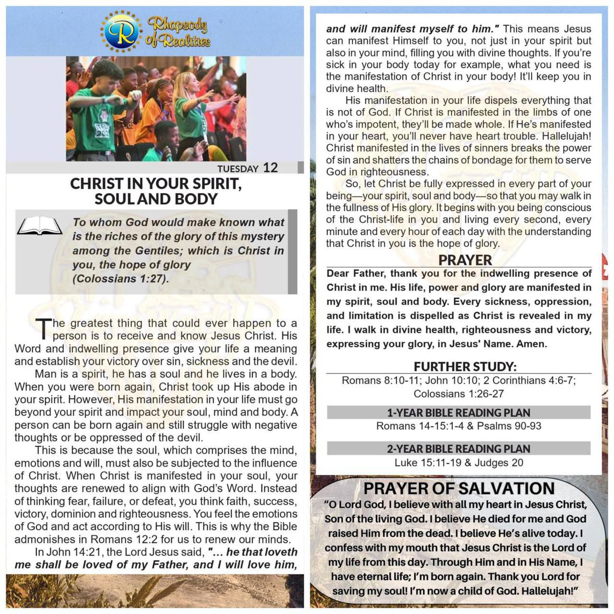 CHRIST IN YOUR SPIRIT, SOUL AND BODY
━━━━━━━━━━━━━━━━
📖 To whom God would make known what is the riches of the glory of this mystery among the Gentiles; which is Christ in you, the hope of glory Colossians 1: 27

The greatest thing that could ever happen to a