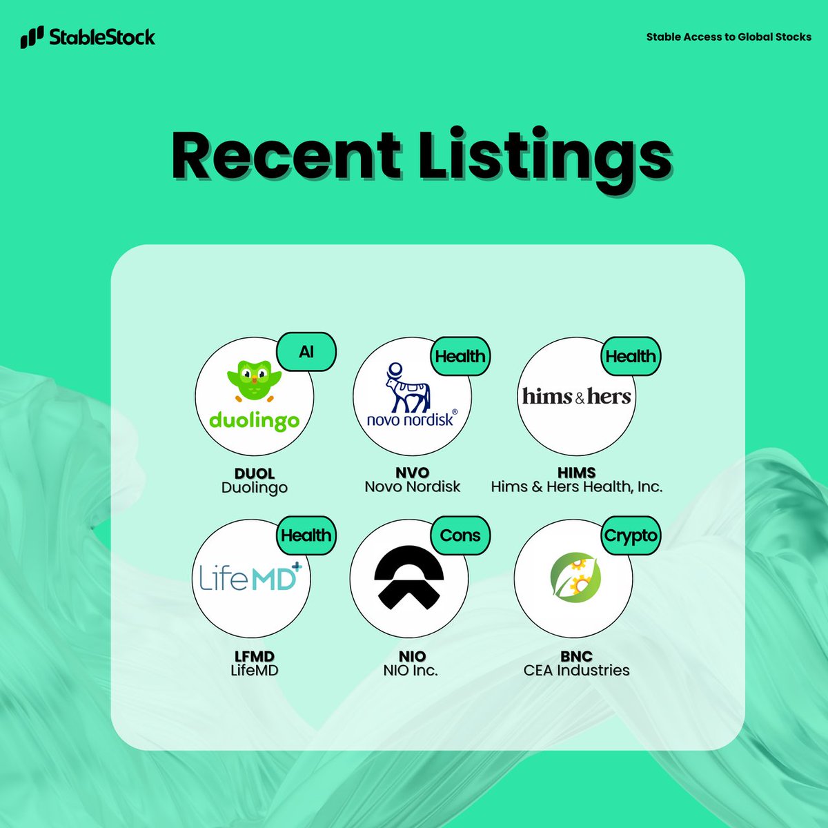 StableStock's tweet photo. 🐳 Thanks to our community for the warm welcome!  

On day one of trading, we already received tons of stock listing requests!

Here are the latest additions, now live for trading.

Got more in mind? Tell us in the comments! 👇

#StableStock https://t.co/6AZh5xLxIW