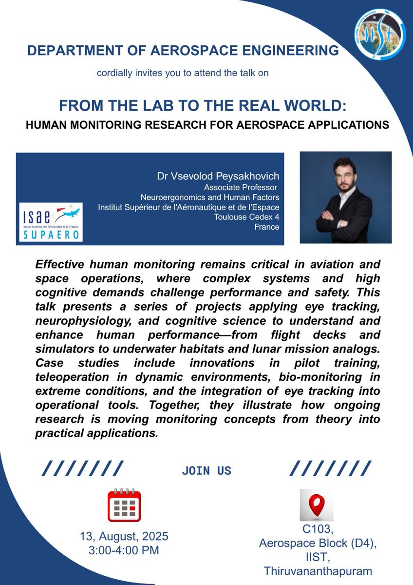 IIST_Trivandrum's tweet image. 𝐈𝐧𝐯𝐢𝐭𝐞𝐝 𝐓𝐚𝐥𝐤 𝐨𝐧 : 𝐅𝐫𝐨𝐦 𝐭𝐡𝐞 𝐋𝐚𝐛 𝐭𝐨 𝐭𝐡𝐞 𝐑𝐞𝐚𝐥 𝐖𝐨𝐫𝐥𝐝 : 𝐇𝐮𝐦𝐚𝐧 𝐌𝐨𝐧𝐢𝐭𝐨𝐫𝐢𝐧𝐠 𝐑𝐞𝐬𝐞𝐚𝐫𝐜𝐡 𝐟𝐨𝐫 𝐀𝐞𝐫𝐨𝐬𝐩𝐚𝐜𝐞 𝐀𝐩𝐩𝐥𝐢𝐜𝐚𝐭𝐢𝐨𝐧𝐬
#aerospace #aerospaceengineering #aerospaceresearch #humanmonitoring #SpaceOperations