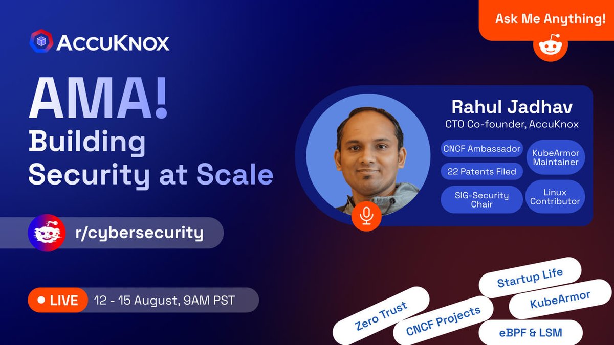 How do you secure thousands of workloads without slowing devs down?

Aug 12–15 - Rahul Jadhav, CTO &amp; co-founder <a href="/AccuKnox/">AccuKnox</a> , takes your questions on zero trust, eBPF, CNCF projects &amp; more in an AMA on r/cybersecurity.

📅 9 AM PST 

#AMA #CloudSecurity #Reddit #Cybersecurity