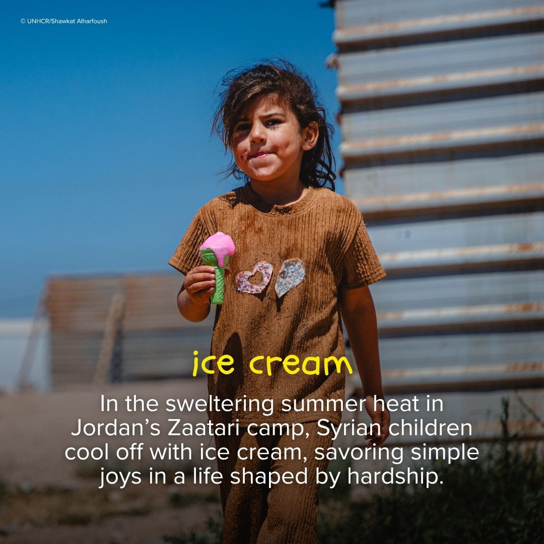 Refugees's tweet photo. This is summer (in the) camp.

From ice cream under the desert sun to chinlone in the monsoon rains, refugee children are finding moments of joy, friendship and childhood against all odds.

No matter where they are or where they come from, kids give us hope.