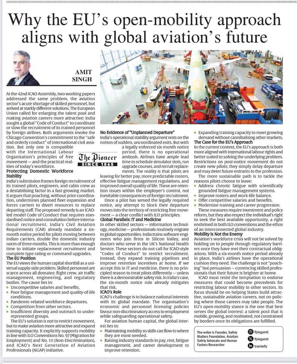 अमित सिंह (वराह)𝒜𝓂𝒾𝓉 𝒮𝒾𝓃𝑔𝒽 (@flyingamit) on Twitter photo ✈️ At ICAO’s 42nd Assembly, EU & India had opposite solutions to pilot shortage.
🇪🇺 EU: Expand mobility, tackle root causes (fatigue, pay, quality of life).
🇮🇳 India: Restrict foreign hiring to “protect” workforce.
ILO principles favour free movement — not barriers.
#Aviation ✈️ At ICAO’s 42nd Assembly, EU & India had opposite solutions to pilot shortage.
🇪🇺 EU: Expand mobility, tackle root causes (fatigue, pay, quality of life).
🇮🇳 India: Restrict foreign hiring to “protect” workforce.
ILO principles favour free movement — not barriers.
#Aviation