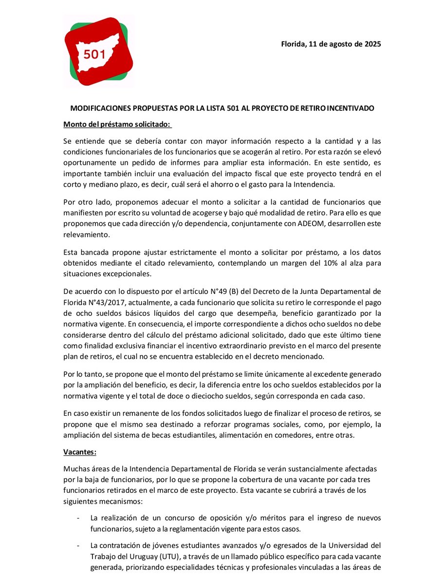 exitorama's tweet photo. La lista 501 del Partido Colorado dio a conocer proyecto de retiro incentivado. @Lista501Florida propone revisar el monto solicitado, cubrir vacantes con jóvenes de UTU y elevar la antigüedad a 10 años. https://t.co/xTaWcFVeDC