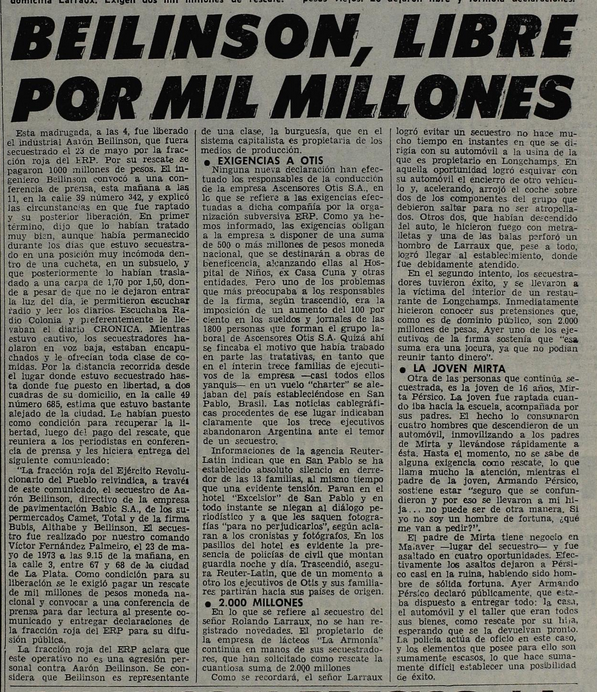 2 de junio de 1973: una fracción del ERP libera al papá de Skay Beilinson después de pagar un rescate millonario.