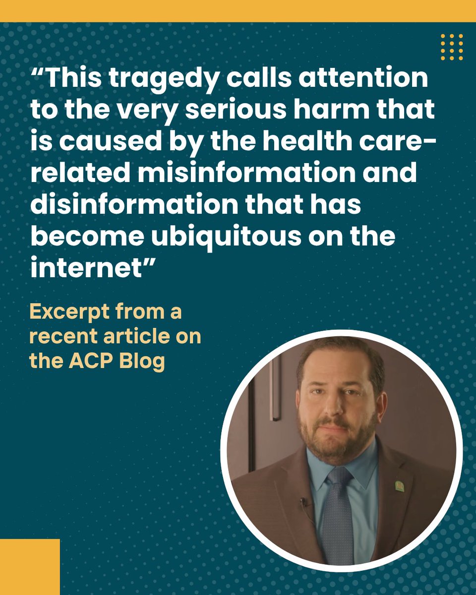 Jason Goldman (@jasongoldmanmd) on Twitter photo The tragic event at CDC HQ highlights the deadly impact of health misinformation. As ACP President, I mourn the loss and call for unity to protect public health & safety. Read our full statement: ow.ly/GIVa50WEcbi
#PublicHealth #ACP #Misinformation #CommunitySafety The tragic event at CDC HQ highlights the deadly impact of health misinformation. As ACP President, I mourn the loss and call for unity to protect public health & safety. Read our full statement: ow.ly/GIVa50WEcbi
#PublicHealth #ACP #Misinformation #CommunitySafety