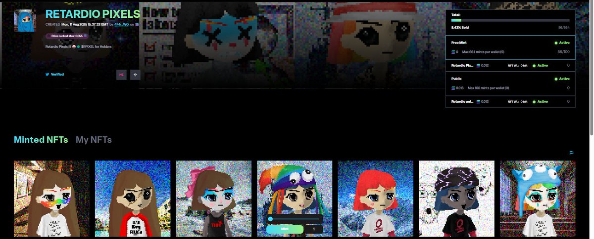 🟣 Retardio Pixels is already 8.43% SOLD OUT! 🟣

Pixelated chaos, pure Retardio vibes 🎨
Public phase live — secure your spot before they vanish! 🚀
👉 launchmynft.io/sol/18971

#NFT #Solana #RetardioPixels #PixelArt #MintNow