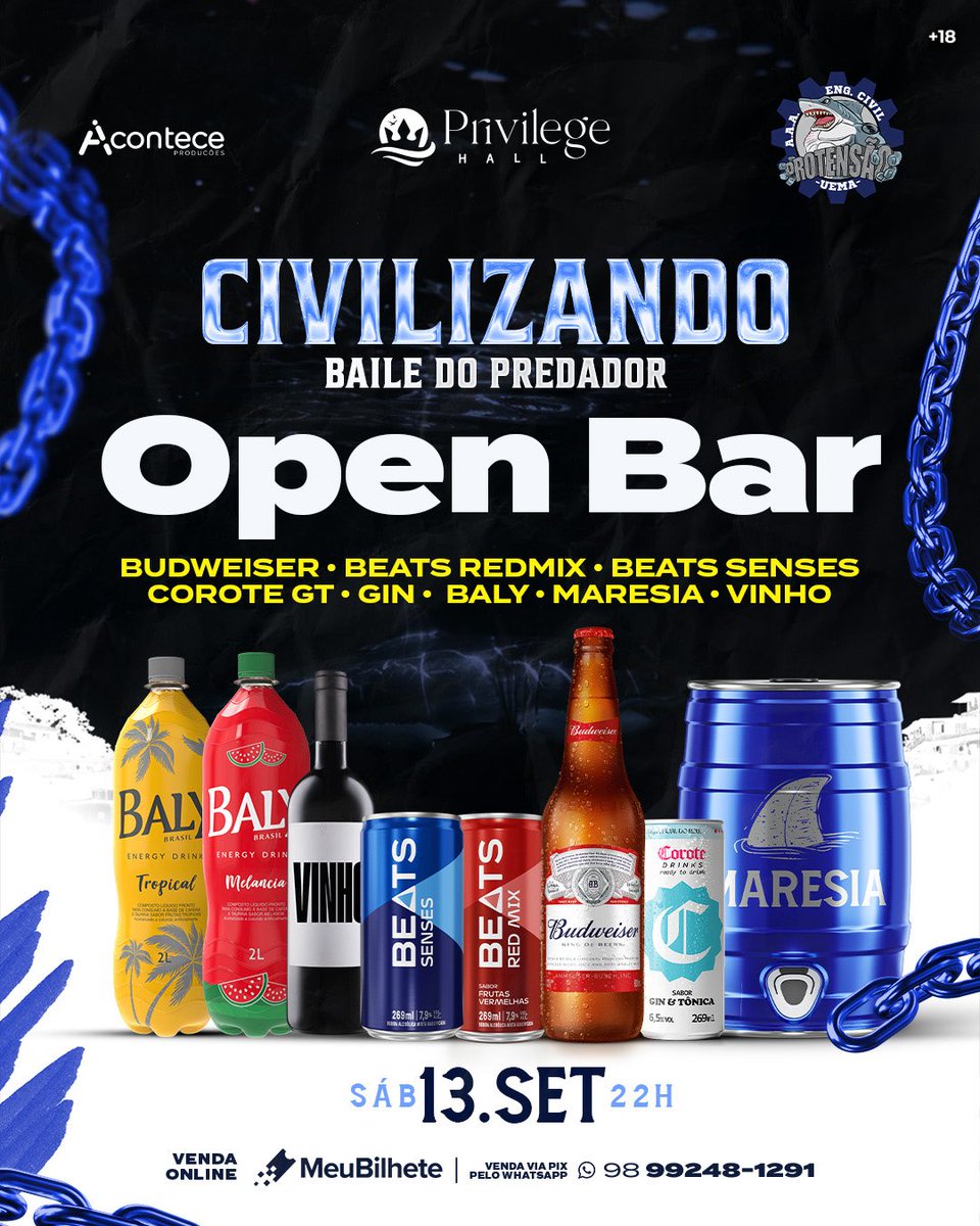 AAAProtensao's tweet photo. É OPEN QUE VOCÊS QUEREM? 😝💙
Civilizando – Baile do Predador vem com Open Bar de respeito: Budweiser, Beats Senses, Beats Redmix, Gin, Baly, Maresia, Vinho e Corote GT! 🔥🤌🏼

Atração nacional confirmada: Kew, com os maiores hits atuais, e mais 3 atrações a caminho! 🔥 https://t.co/m7AnS86x9Y