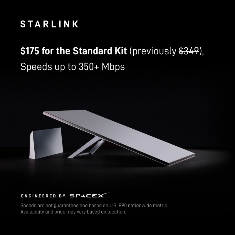 Starlink's tweet photo. Starlink provides reliable, high-speed internet for streaming, video calls, online gaming and more. 

Standard Kit is now 50% off in the United States.

Easy to order online in under 2 minutes