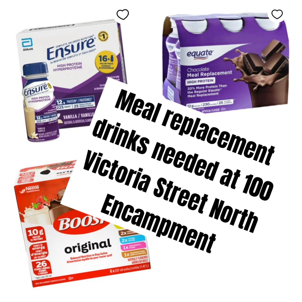 ESL_fairy's tweet photo. Meal replacement drinks are needed by vulnerable residents at the encampment at 100 Victoria Street North in Kitchener. A few folks have severe dental issues and are struggling to get enough nutrition. Please drop off donations on the table under the canopy. Thank you in advance! https://t.co/uRQO70ZODg