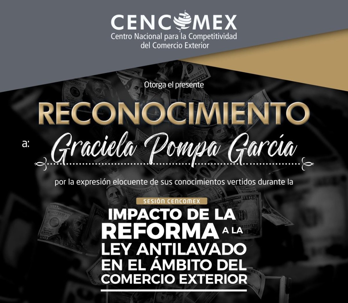 Agradezco la invitación del Centro Nacional para la Competitividad del Comercio Exterior <a href="/CENCOMEXOFICIAL/">CENCOMEX</a> la invitación para exponer a agentes y apoderados aduanales el impacto de la Reforma Antilavado.