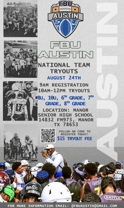 AWilliamsUSA's tweet photo. Yes, I will be there to support @FbuAustin and get an early look at 2029 and 2030 players for @UANextFootball 8th and @FBUAllAmerican 9th bowl game invites. #repcentraltexasfootball #FaithFamilyEducationFootball #Hardworkpayoff https://t.co/yvT7nmlvdk