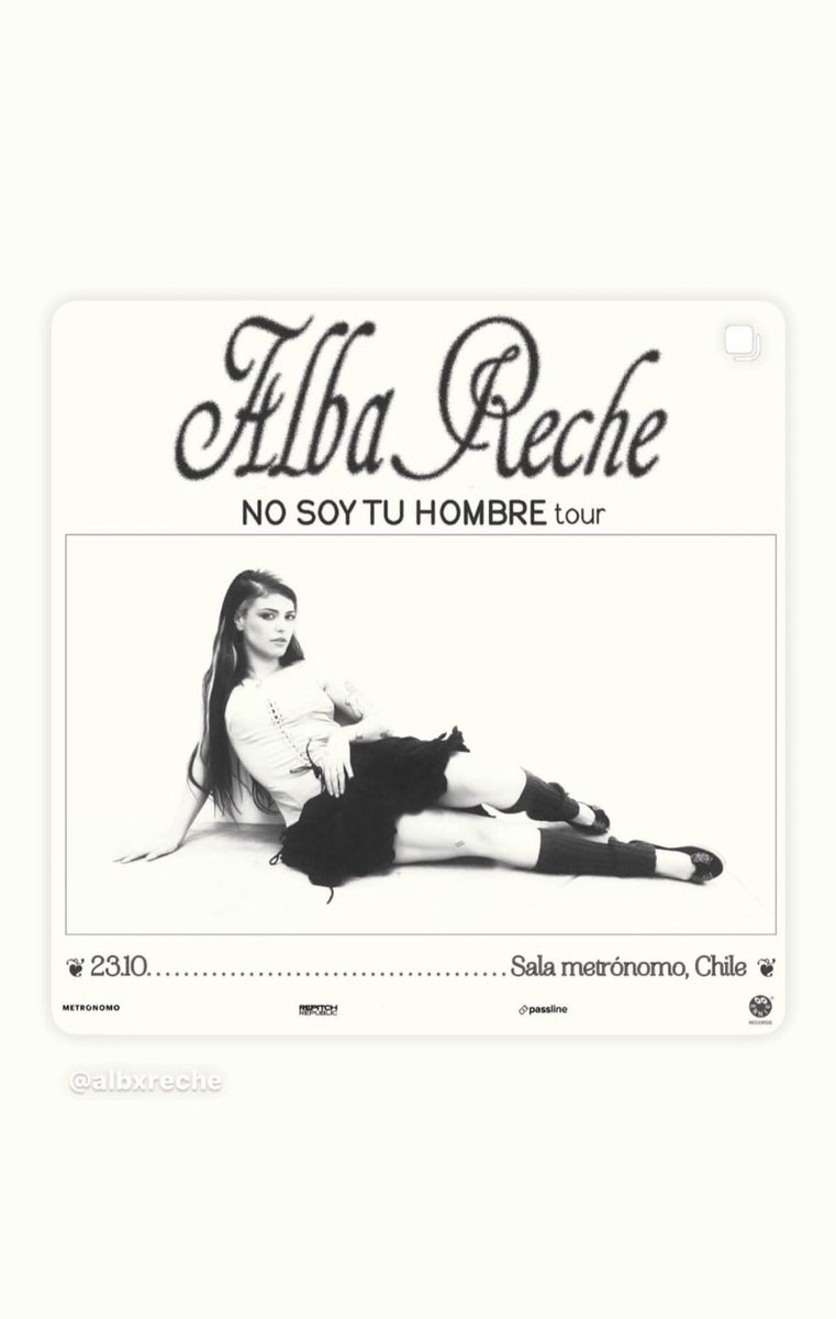 AlbaRecheNation's tweet image. 📸| Alba Reche’s Instagram Stories

#NSTHTour2025LATAM 🥹♥️🔜

📆 19.10: Niceto Club, Buenos Aires 🇦🇷
📆 23.10: Sala Metronomo, Santiago 🇨🇱

• ¡consigue tu entrada 🎫!: bit.ly/m/albalatam?fb…