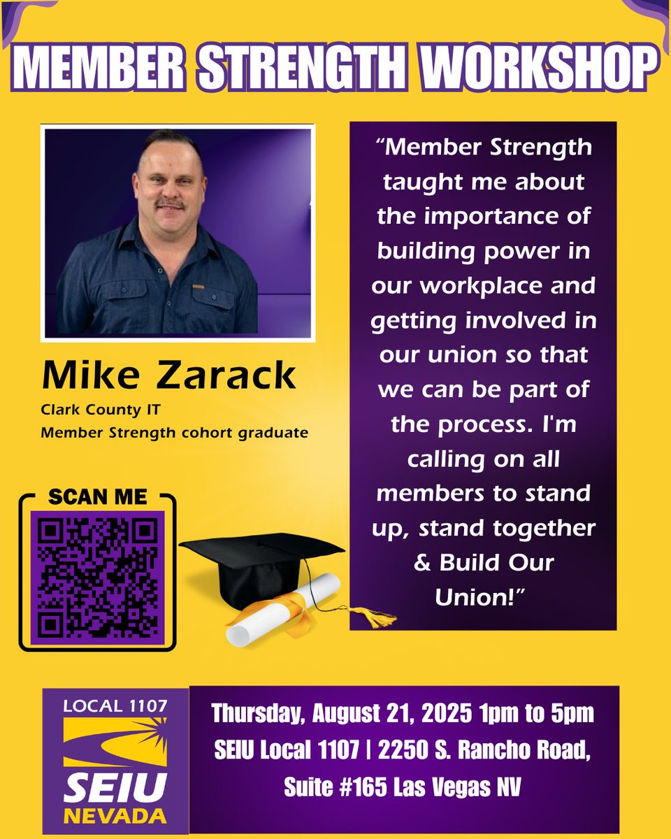 Join us for a powerful afternoon of connection, organizing, and action as we strengthen our union and prepare for the fights ahead.
📅 Thursday, August 21, 2025
⏰ 1:00 PM – 5:00 PM
📍 SEIU Local 1107, 2250 S. Rancho Road, #165, Las Vegas, NV.
RSVP:   tr.ee/NYsqFt