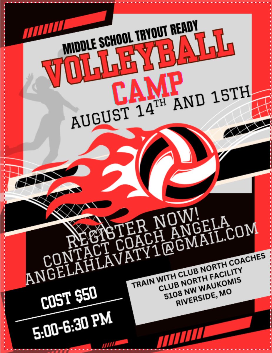 Does your daughter need to get ready for middle school tryouts? Club North is running a camp this week!!! ❤️🏐🖤