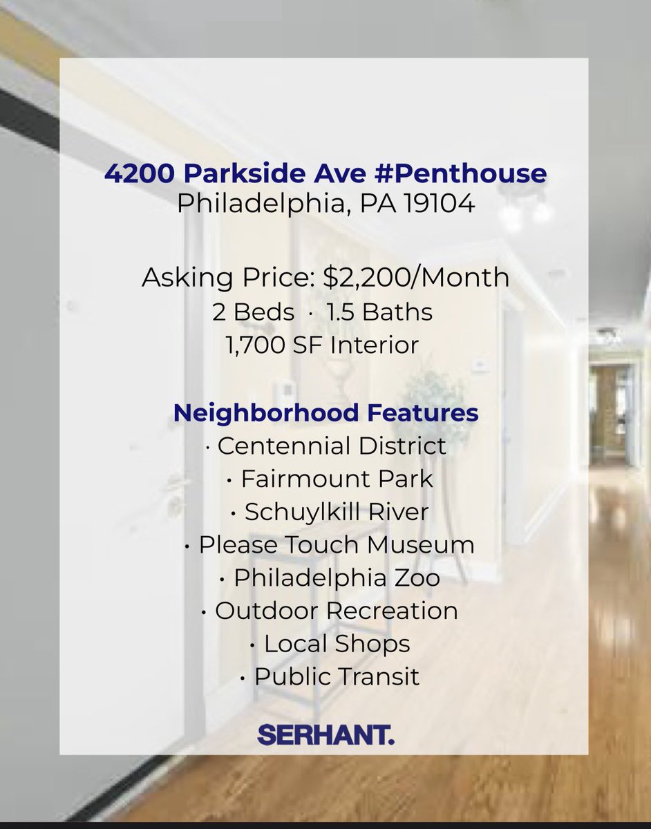 Kmb__12's tweet image. stunning 1,700 SQF 2-bed, 1.5-bath home offering modern finishes, abundant natural light, and an unbeatable location.

$2,200/Month
2 Bedrooms
1.5 Bathrooms
•
•
SERHANT: 610-635-9977

 #ForRent #PenthouseLiving #CentennialDistrict #FairmountPark #serhant #Serhantbrown
