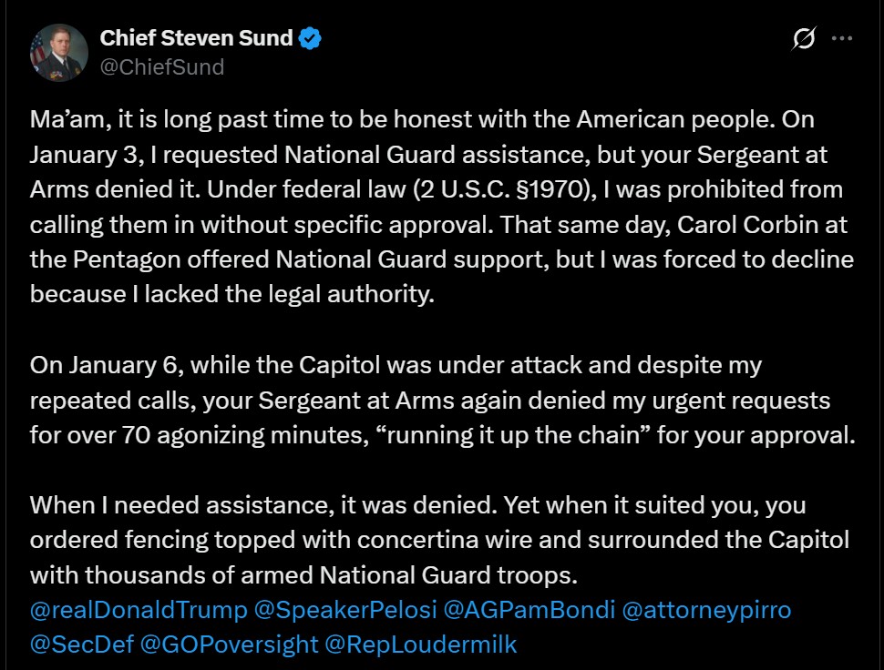 Kyle Becker (@kylenabecker) on Twitter photo Nancy Pelosi thought it would be a good time to criticize Trump's order on the National Guard in D.C.
Then she got WRECKED by the former Capitol Police Chief <a href="/ChiefSund/">Chief Steven Sund</a>.
"Ma’am, it is long past time to be honest with the American people. On January 3, I requested National Guard Nancy Pelosi thought it would be a good time to criticize Trump's order on the National Guard in D.C.
Then she got WRECKED by the former Capitol Police Chief <a href="/ChiefSund/">Chief Steven Sund</a>.
"Ma’am, it is long past time to be honest with the American people. On January 3, I requested National Guard