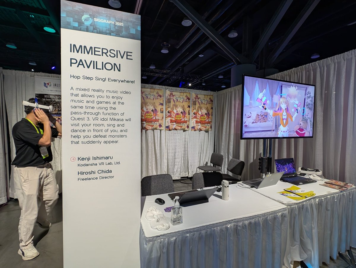 KodanshaVRlab's tweet photo. 本日よりSiggraph Vancouver 2025（8月11日～14日）のImmersive PavilionにてVRミュージックビデオ『Hop Step Sing! Everywhere!』の展示が始まりました。多くの人が体験し、ミカサと一緒に歌って踊って戦ってくれました。残り3日、たくさんの方々のお越しをお待ちしています！
#VR #Siggraph2025 https://t.co/Q79PXbkO4Z