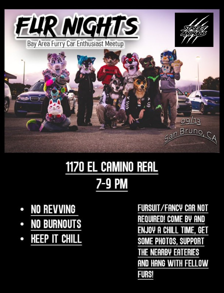 SF Bay area Furry car meet is back! Back in San Bruno 9/13 from 7-9 PM at the 1170 El Camino Real lot. 
Going bigger and better and bringing the good vibes 😎 
Hope to see many of you there!