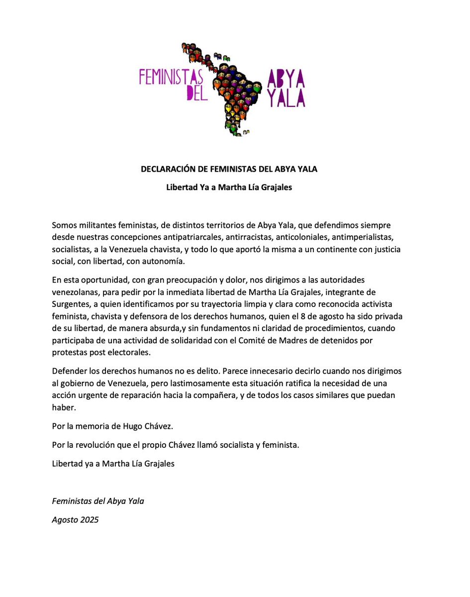 Declaración de Feministas del ABYA YALA "Libertad ya para Martha Lía"