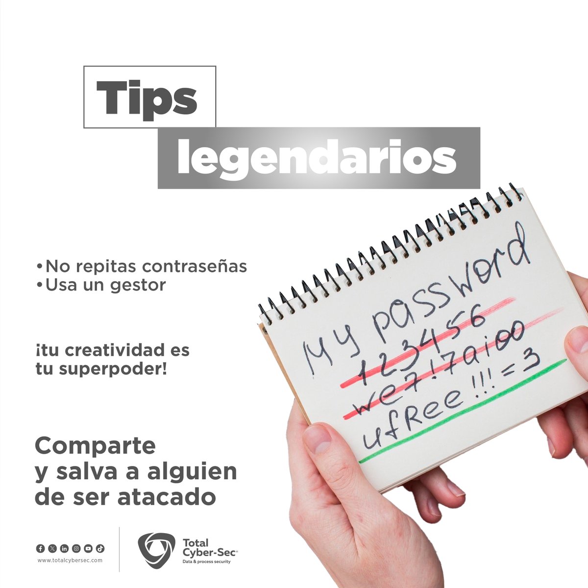 🔑 ¿Tu #Contraseña sigue siendo 123456? 😅 ¡Hora de evolucionar, no de arriesgar tu info! Sigue estos #Cybertips para crear contraseñas fuertes sin romperte la cabeza. 🧠💥 Swipea Y Síguenos para más consejos de #Ciberseguridad 🛡️