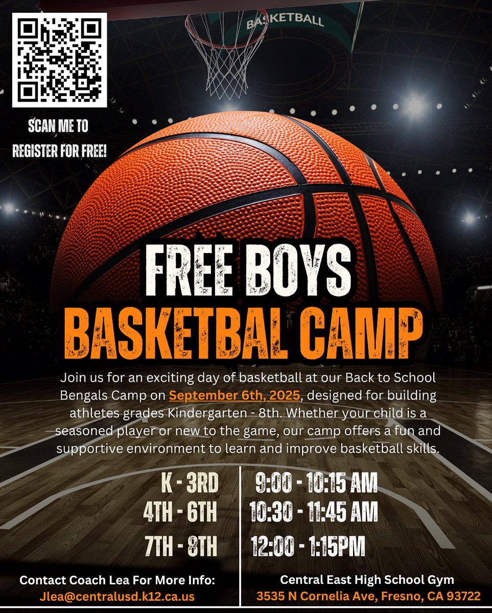 CentralEastBB's tweet photo. 🏀 FREE BOYS BASKETBALL CAMP! 🏀

Calling all K–8th grade hoopers! Come join us for a fun, high-energy back to school  basketball day camp designed to build skills, confidence, and love for the game — whether you’re a seasoned baller or just starting out!

📅: Sept. 6th, 2025 
📍: Central East High School Gym
🕒: K–3rd: 9:00–10:15 AM
       4th–6th: 10:30–11:45 AM
       7th–8th: 12:00–1:15 PM
✅: Scan the QR code to register for FREE!

Let’s get better, have fun, and start the school year off right! 💪🏀